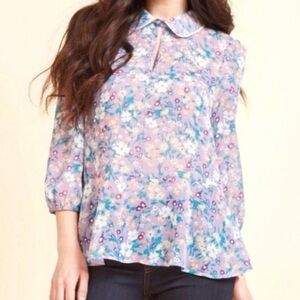 ModCloth Lavender Floral Chiffon Blouse Peter Pan Lace Collar Size L